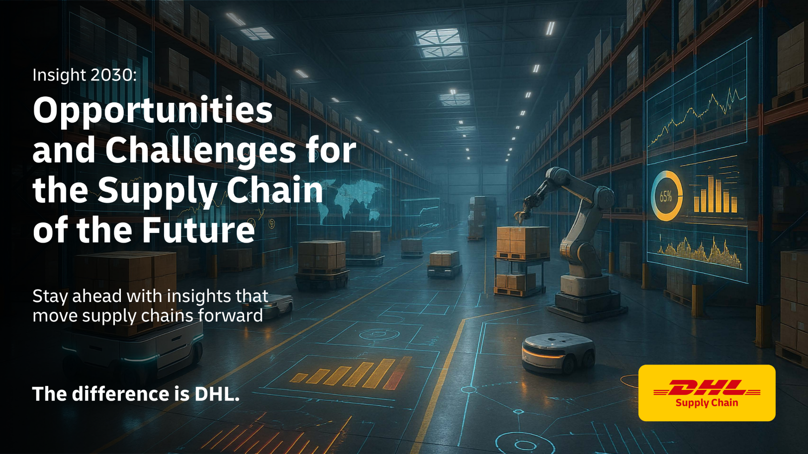 Image of futuristic warehouse, with words Discover Insight 2030: Opportunities and challenges for the supply chain of the future.