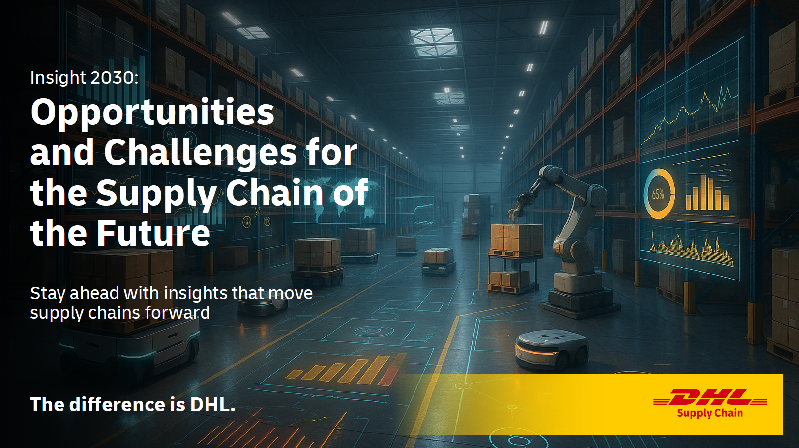 Image of futuristic warehouse, with words Discover Insight 2030: Opportunities and challenges for the supply chain of the future.