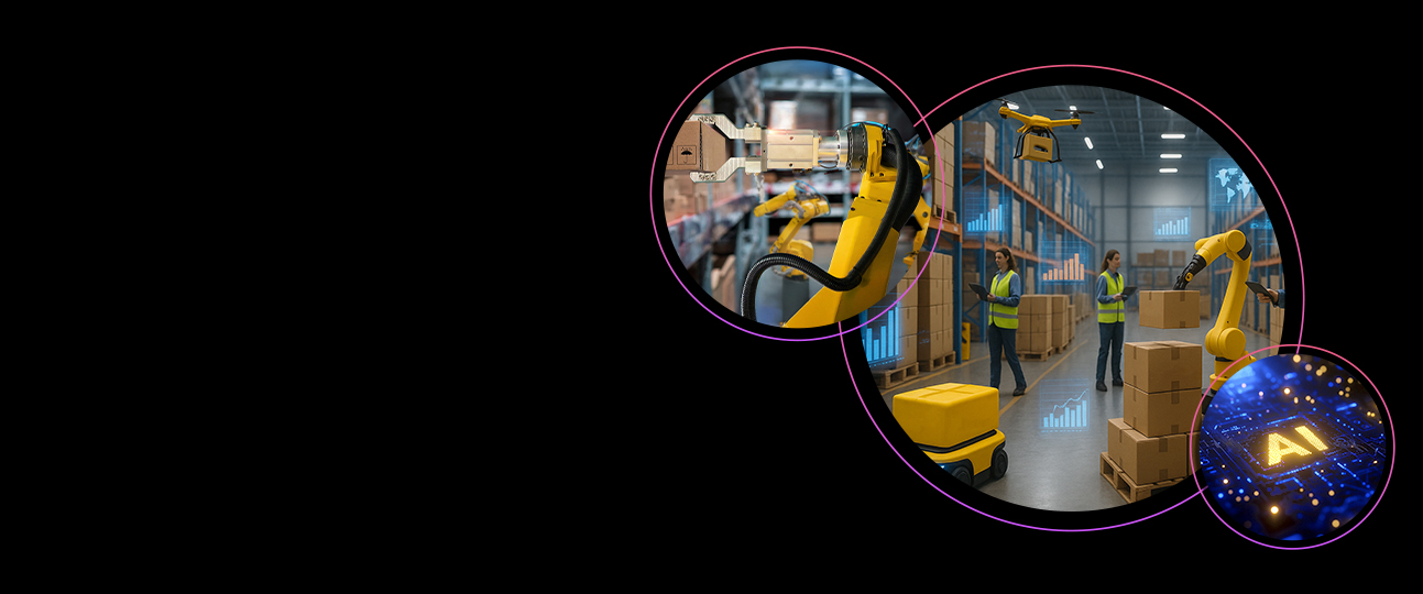 Image of robotics, AI, future looking graphics, with text saying
The Future of Supply Chain Starts Here. The Difference is DHL.